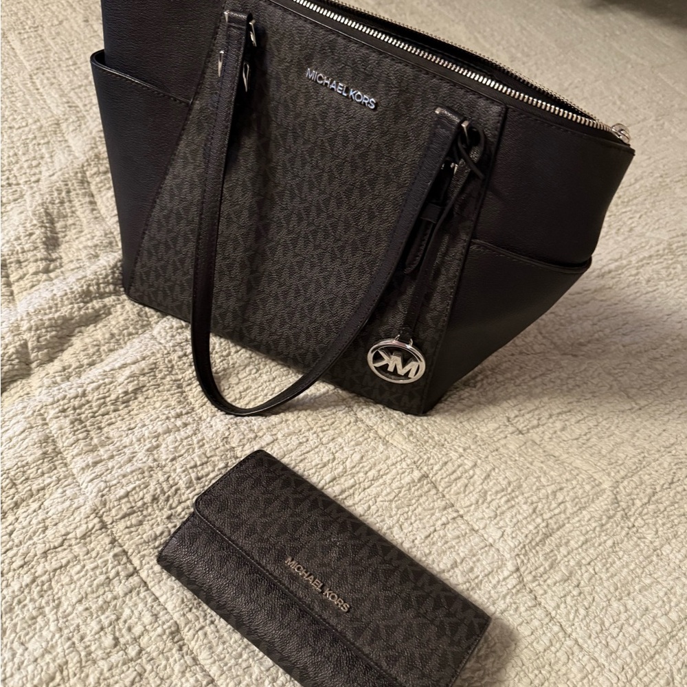 Michael Kors Black and Gray Tote Bag with Signature Monogram